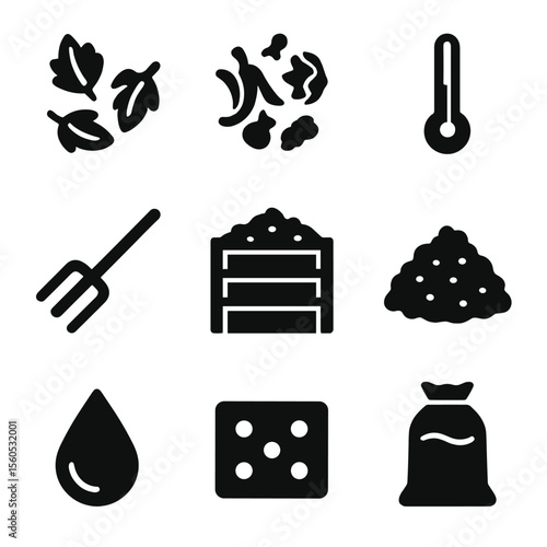 Composting Process Icons. Solid, Filled icon set of leaf composting process: brown leaves, green scraps, compost thermometer,