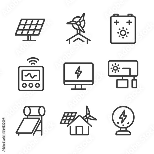 Home Energy Icons. Outline icon set of home renewable energy systems: solar panel array, rooftop wind turbine, battery storage