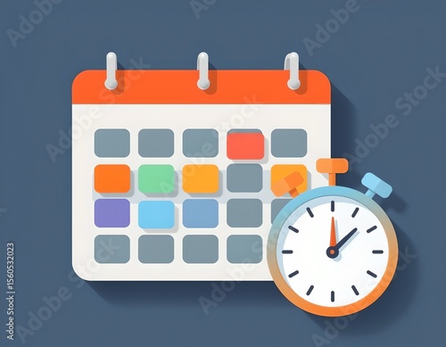 marketing calendar icon with schedule and clock overlays, campaign planning, flat design — marketing planning