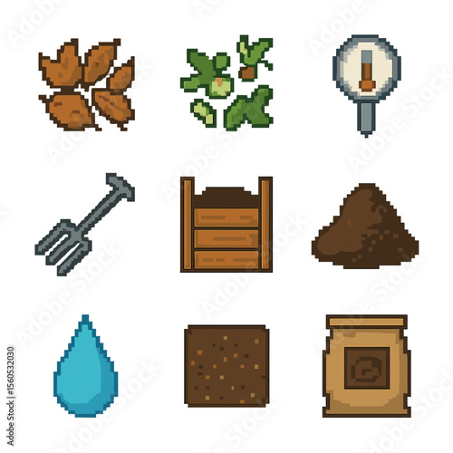 Composting Process Icons. Pixel art icon set of leaf composting process: brown leaves, green scraps, compost thermometer, turning