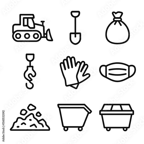 Debris Cleanup Icons. Outline icon set of debris removal and cleanup: bulldozer, shovel, wheelbarrow, garbage bag, crane hook,