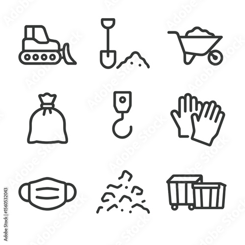 Debris Cleanup Icons. Outline icon set of debris removal and cleanup: bulldozer, shovel, wheelbarrow, garbage bag, crane hook,