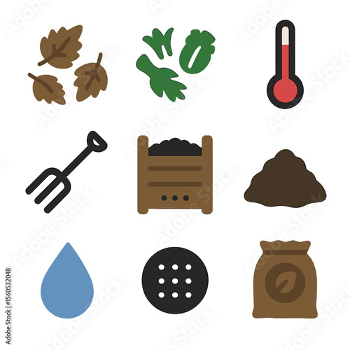 Composting Process Icons. Solid, Filled icon set of leaf composting process: brown leaves, green scraps, compost thermometer,