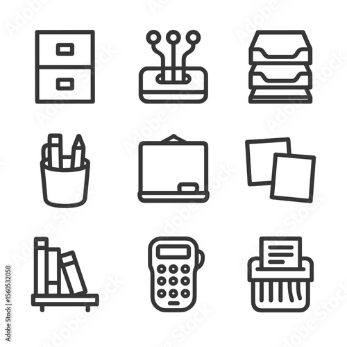 Home Office Icons. Outline icon set of home office organization tools: filing cabinet, cable organizer, desktop tray, pen holder,