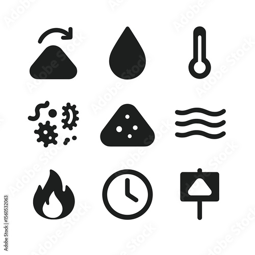 Composting Process Icons. Solid, filled icon set of composting process: pile turning, moisture drop, temperature gauge,