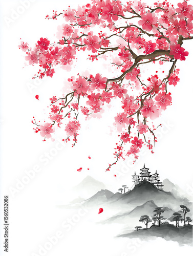 Blooming cherry tree branch overlooking a serene mountain temple in tradition...