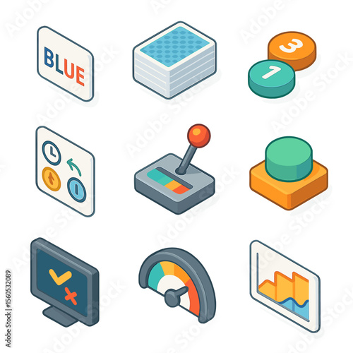 Decision-Making Icon Set. Isometric Flat icon set of decision-making tasks and paradigms: Stroop test card, Iowa Gambling Task