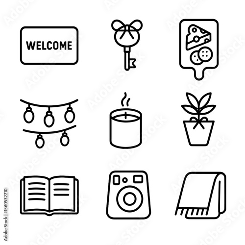 Housewarming Icon Set. Outline icon set of housewarming party: welcome mat, ribbon-tied key, cheese board, string lights, scented