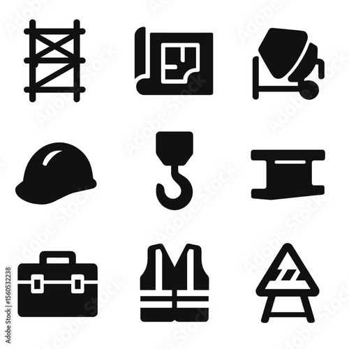 Construction Icons Grid. Solid, filled icon set of high-rise construction: scaffolding, blueprint, cement mixer, hard hat, crane