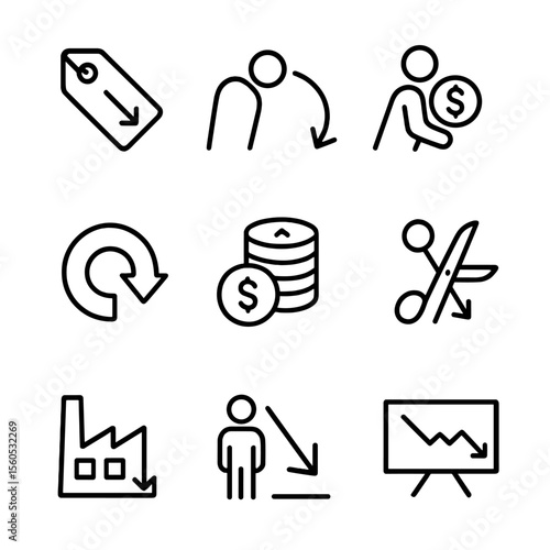 Deflation Dynamics Icons. Outline icon set of deflation dynamics: falling price tag, reduced consumer demand, increased real debt