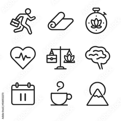 Hustle and Calm Icons. Outline icon set of balancing hustle and calm: running briefcase, yoga mat, stopwatch with calm symbol,