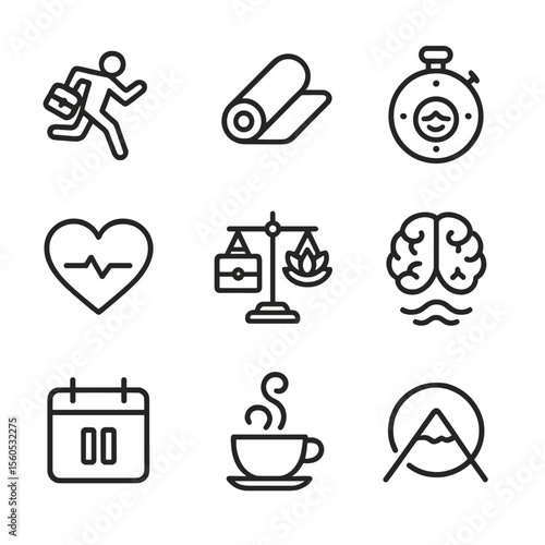 Hustle and Calm Icons. Outline icon set of balancing hustle and calm: running briefcase, yoga mat, stopwatch with calm symbol,