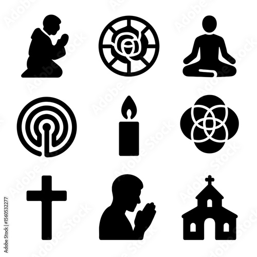 Contemplative Icon Set. Solid, filled icon set of contemplative art: praying monk, stained glass rose, meditation posture,