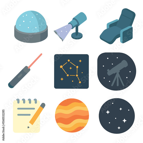 Planetarium Icon Set. Isometric Flat icon set of planetarium stargazing audience: domed ceiling, star projection beam, reclining