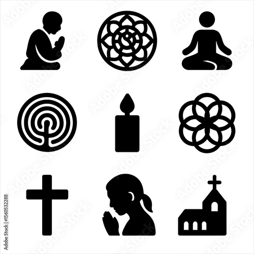 Contemplative Icon Set. Solid, filled icon set of contemplative art: praying monk, stained glass rose, meditation posture,