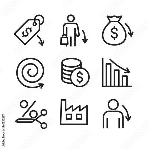 Deflation Dynamics Icons. Outline icon set of deflation dynamics: falling price tag, reduced consumer demand, increased real debt