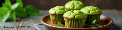Freshly baked nettles green muffins with ginger and cardamom on a rustic plate , ginger, cardamom