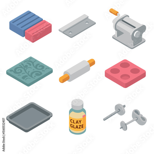 Polymer Clay Tool Icons. Isometric Flat icon set of polymer clay jewelry: polymer clay blocks, clay blade, pasta machine, texture