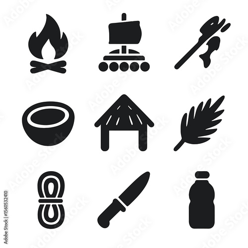 Deserted Island Icons. Solid, filled icon set of deserted island survival: bonfire, wooden raft, fish spear, coconut shell,