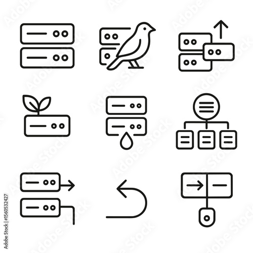 Deployment Strategy Icons. Outline icon set of deployment strategies: blue-green deployment, canary release, rolling update, green
