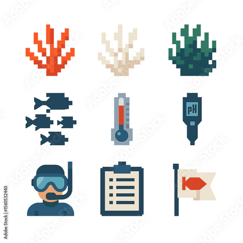 Coral Reef Icon Set. Pixel art icon set of coral reef health: healthy coral branch, bleached coral, algae overgrowth, fish school,