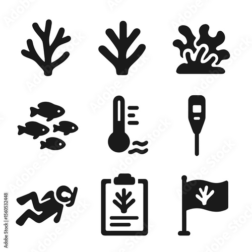 Coral Reef Icons. Solid, Filled icon set of coral reef health: healthy coral branch, bleached coral, algae overgrowth, fish school