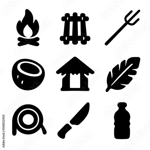 Deserted Island Icons. Solid, filled icon set of deserted island survival: bonfire, wooden raft, fish spear, coconut shell,