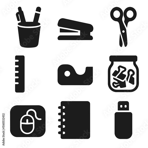 Desk Accessory Icons. Solid, filled icon set of desk accessories: pen cup, stapler, scissors, ruler, tape dispenser, clip jar,