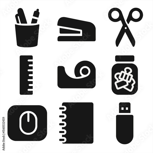 Desk Accessory Icons. Solid, filled icon set of desk accessories: pen cup, stapler, scissors, ruler, tape dispenser, clip jar,