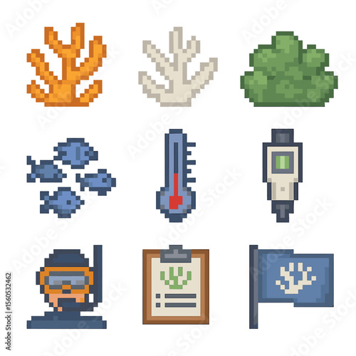 Coral Reef Icon Set. Pixel art icon set of coral reef health: healthy coral branch, bleached coral, algae overgrowth, fish school,