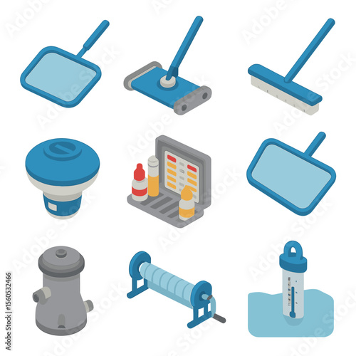 Pool Maintenance Icons. Isometric Flat icon set of Pool Cleaning and Maintenance: skimmer net, pool vacuum, pool brush, chlorine