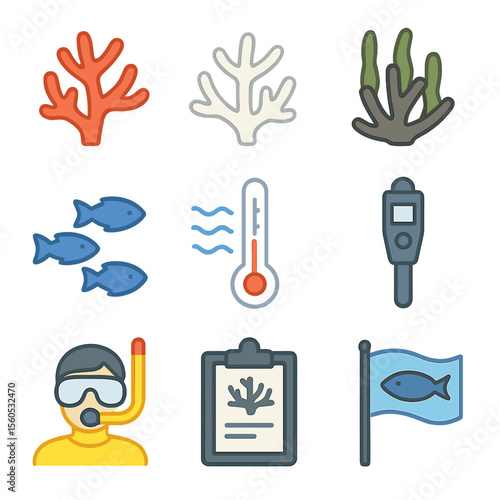 Coral Reef Icons. Flat icon set of coral reef health: healthy coral branch, bleached coral, algae overgrowth, fish school, water