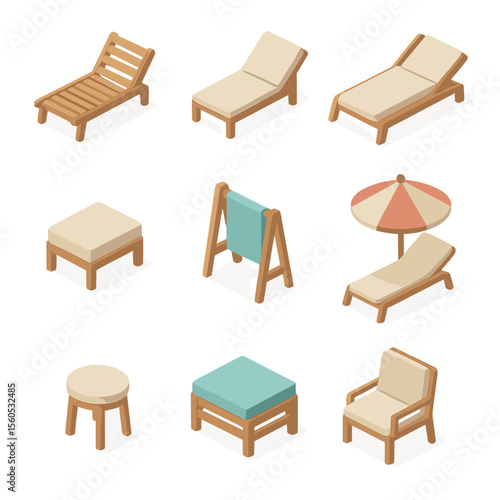 Poolside Furniture Icons. Isometric Flat icon set of Poolside Furniture: lounge chair, side table, chaise longue, footrest, pool
