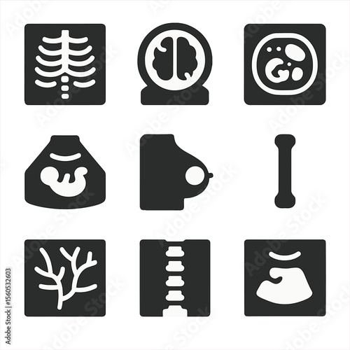 Diagnostic Imaging Icons. Solid, filled icon set of diagnostic images: chest X-ray, brain MRI, abdominal CT, ultrasound fetus,