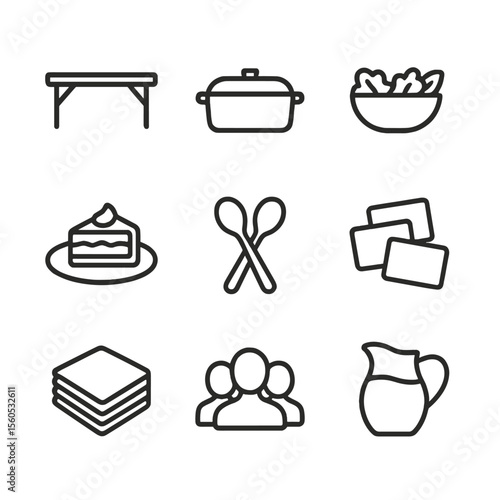 Potluck Icon Set. Outline icon set of Potluck Gathering: long table, casserole dish, salad bowl, dessert plate, serving spoons,