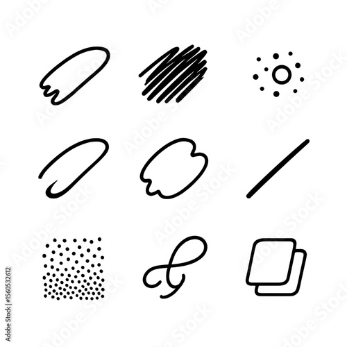 Ink Icon Grid. Outline icon set of ink stroke and texture samples: smooth wash stroke, dry brush texture, splatter dot, gradient