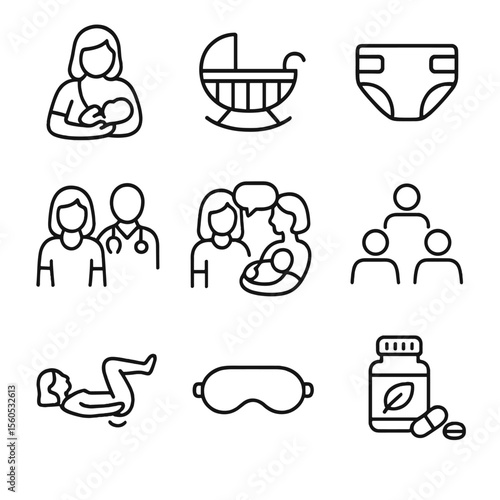 Postpartum Care Icons. Outline icon set of postpartum care: breastfeeding mother, baby cradle, diaper, postpartum checkup,