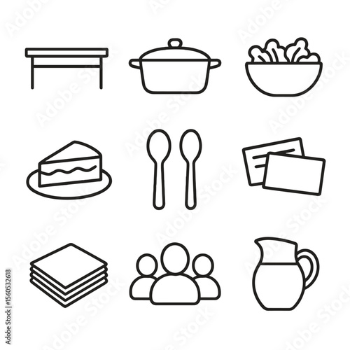 Potluck Icon Set. Outline icon set of Potluck Gathering: long table, casserole dish, salad bowl, dessert plate, serving spoons,