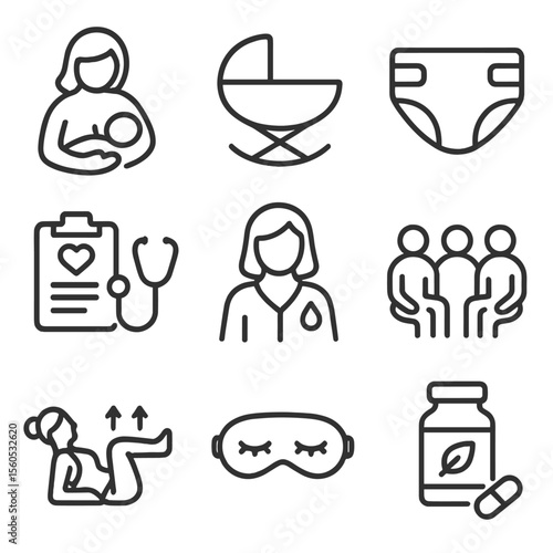 Postpartum Care Icons. Outline icon set of postpartum care: breastfeeding mother, baby cradle, diaper, postpartum checkup,