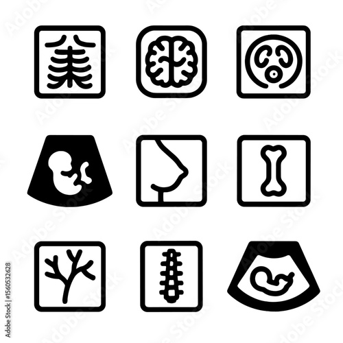 Diagnostic Imaging Icons. Solid, filled icon set of diagnostic images: chest X-ray, brain MRI, abdominal CT, ultrasound fetus,