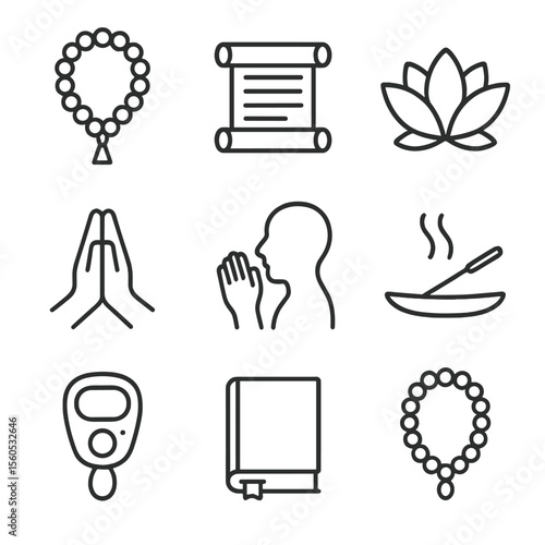Prayer Bead Icons. Outline icon set of Prayer Beads and Mantras: mala beads, tassel, mantra scroll, lotus flower, prayer hands,