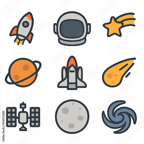 Cosmic Icon Grid. Flat icon set of cosmic and spaceflight imagination: rocket ship, astronaut helmet, planet orbit, star trail,
