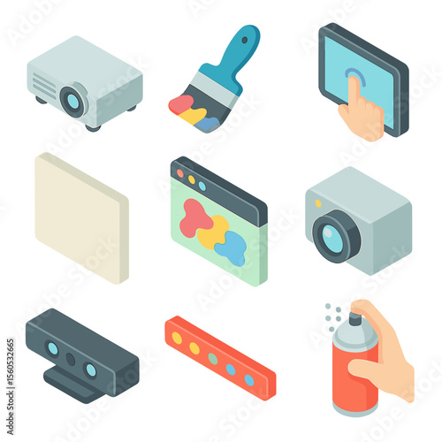 Digital Art Icons. Isometric Flat icon set of participatory digital mural installations: digital projector, interactive brush tool