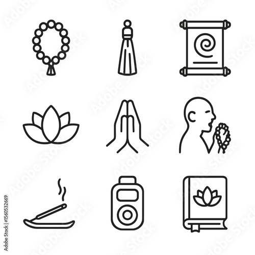Prayer Bead Icons. Outline icon set of Prayer Beads and Mantras: mala beads, tassel, mantra scroll, lotus flower, prayer hands,