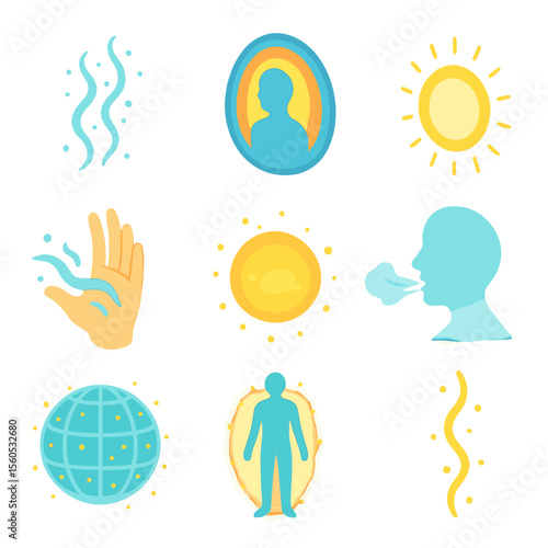Pranic Energy Icon Set. Isometric Flat icon set of pranic energy and aura: prana stream, aura layers, light halo, hand energy