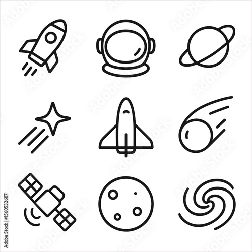 Cosmic Icon Grid. Outline icon set of cosmic and spaceflight imagination: rocket ship, astronaut helmet, planet orbit, star trail,
