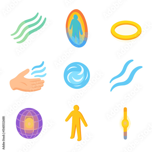 Pranic Energy Icon Set. Isometric Flat icon set of pranic energy and aura: prana stream, aura layers, light halo, hand energy