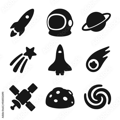 Cosmic Icon Grid. Solid, Filled icon set of cosmic and spaceflight imagination: rocket ship, astronaut helmet, planet orbit, star