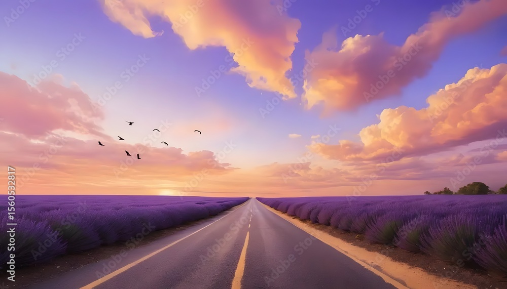 Fototapeta premium A road through lavender fields under a pastel sky with birds flying at sunset in the distance view