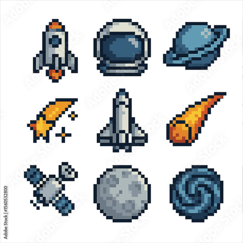 Cosmic Icon Set. Pixel art icon set of cosmic and spaceflight imagination: rocket ship, astronaut helmet, planet orbit, star trail